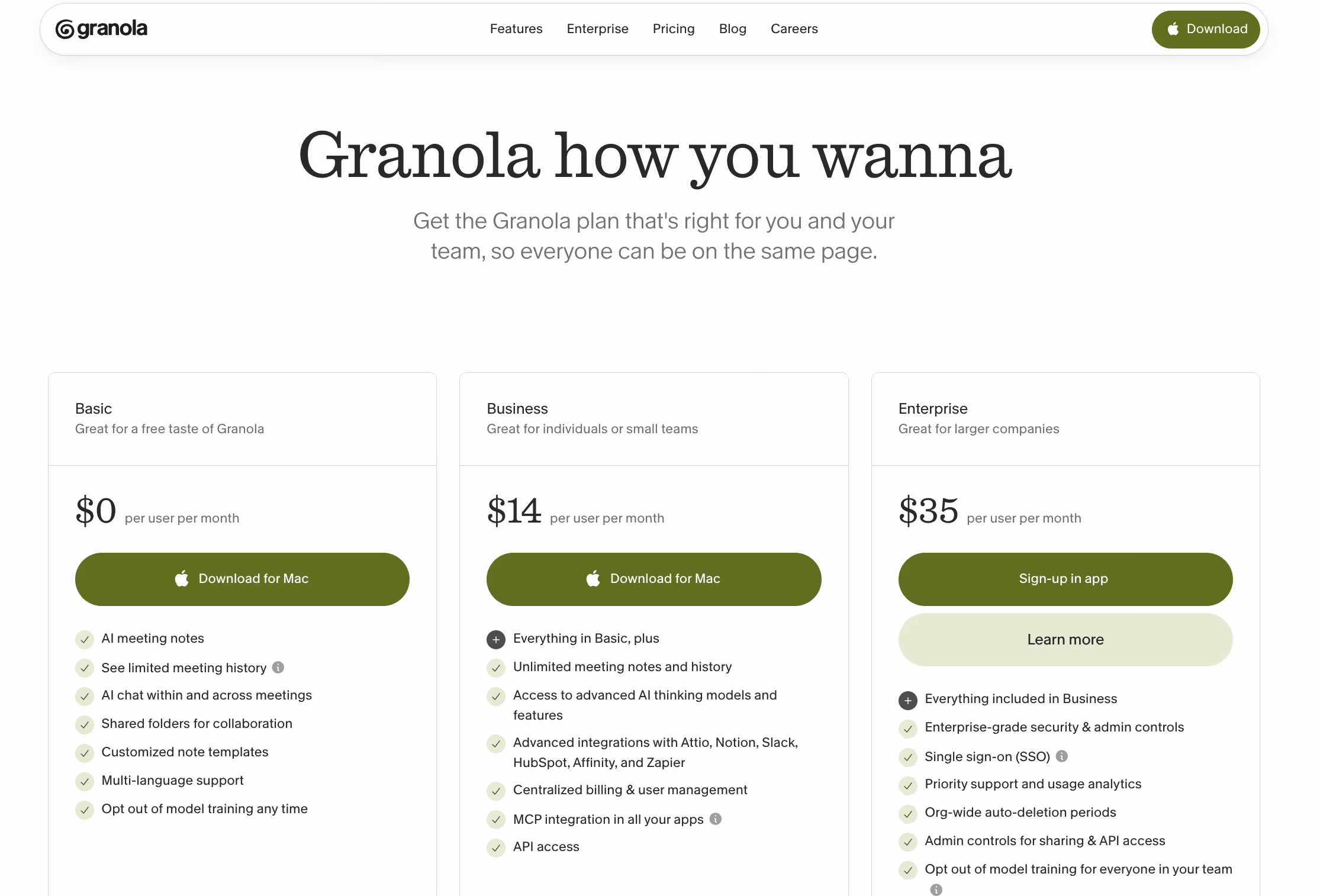 Granola's pricing page showing three tiers — Basic at $0, Business at $14 per user per month, and Enterprise at $35 per user per month — with the features included in each