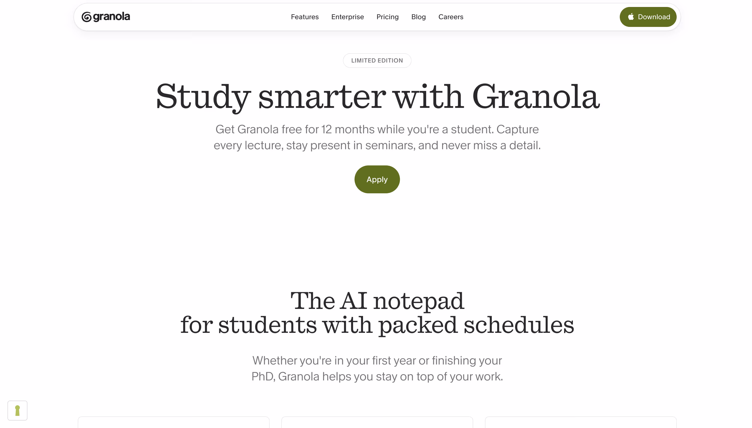 Granola's student offer page headlined