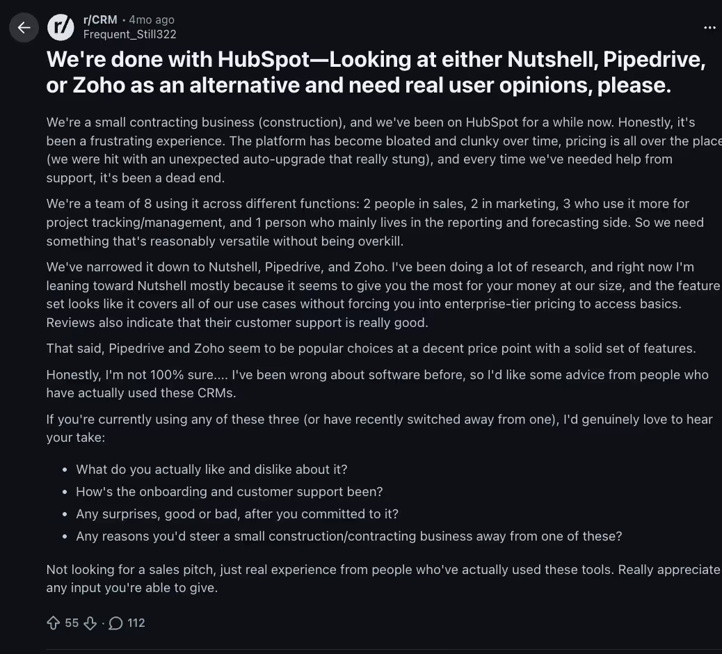 Reddit r/CRM thread from a small contracting business leaving HubSpot, citing a bloated platform, unpredictable pricing, an unexpected auto-upgrade and unhelpful support